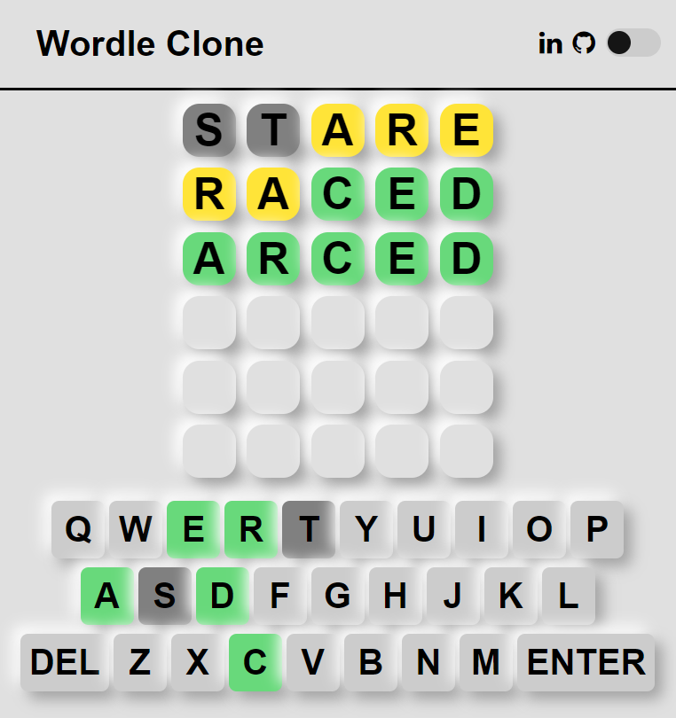 Screenshot of a Neumorphism-inspired Wordle Clone